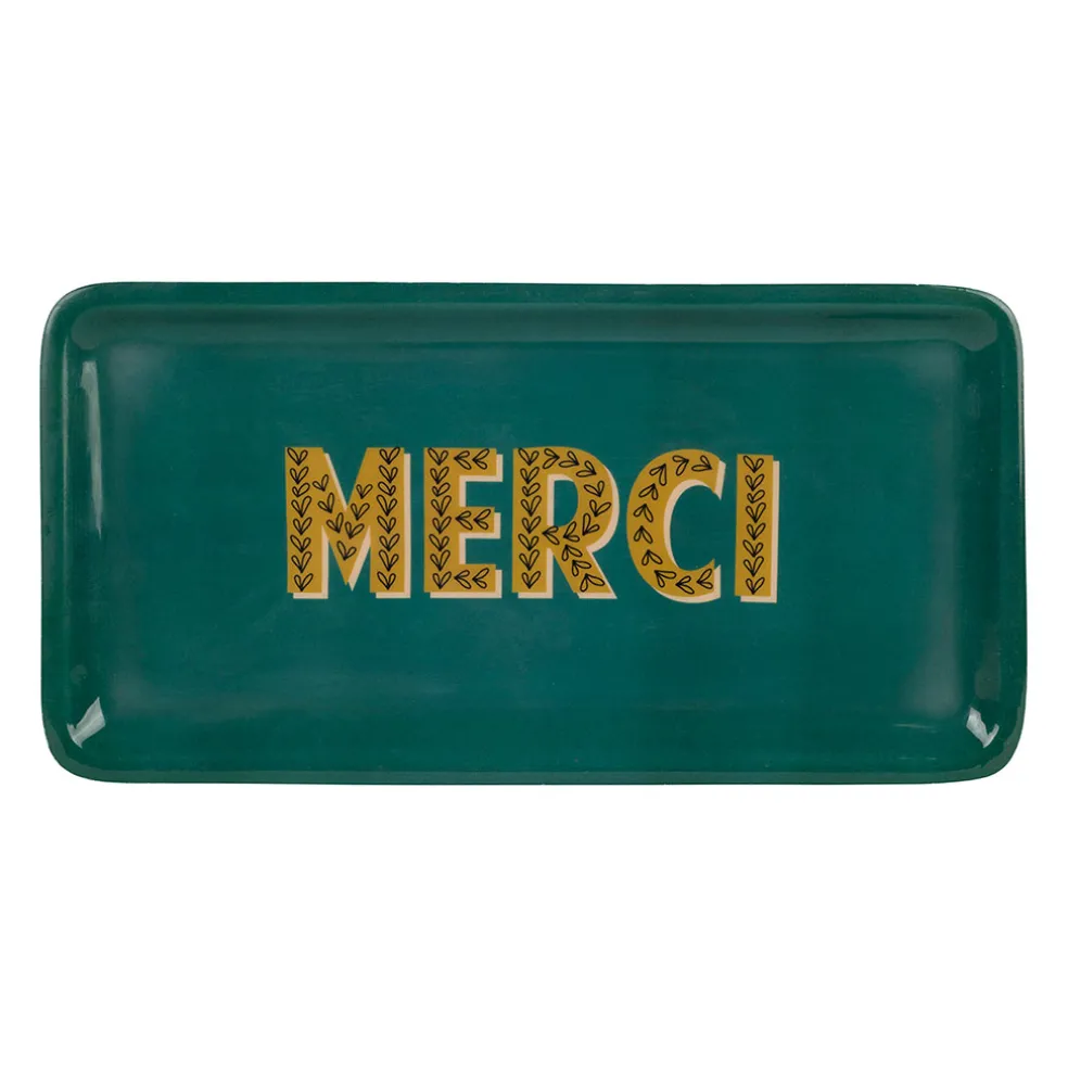 Plateau "merci" en fer émeraude et moutarde 30x15cm - Pop'S