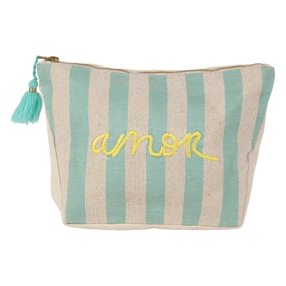 Pochette brodée amor en coton turquoise - Medi