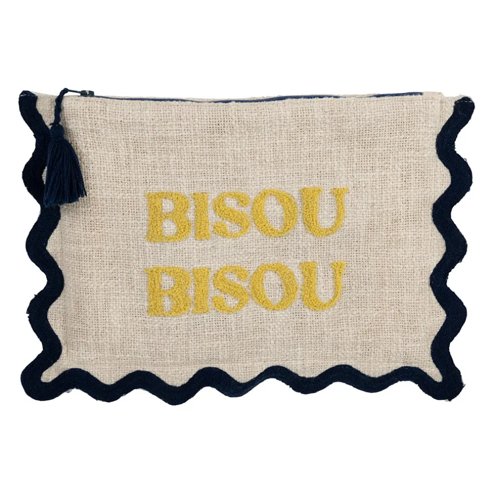Pochette brodée bisou en coton jaune et bleu - Lumi