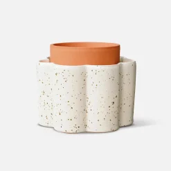 Pot auto-arrosant en céramique blanc grainé et argile d14cm - Paula