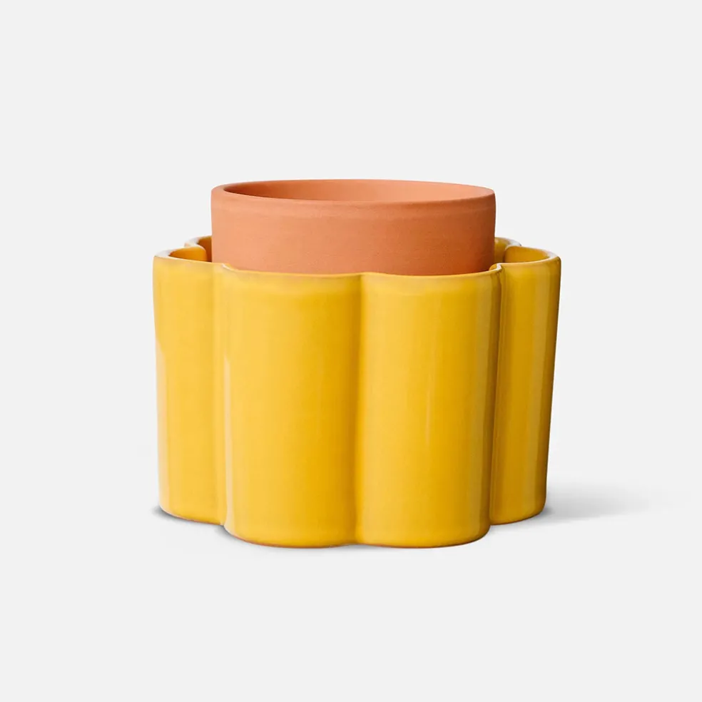 Pot auto-arrosant en céramique jaune moutarde et argile d14cm - Paula