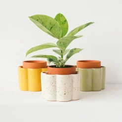 Pot auto-arrosant en céramique jaune moutarde et argile d14cm - Paula