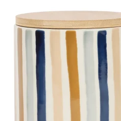 Pot x2 avec couvercle en bambou rayé bleu et beige en grès - blue sand