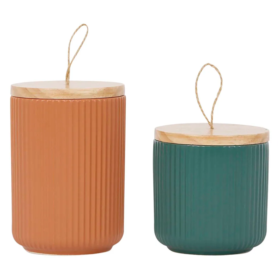 Pots x2 avec couvercle en bois terracotta et émeraude en grès - sweet leaves