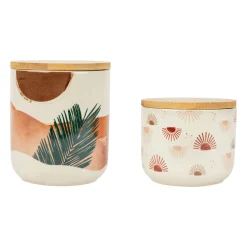Pots x2 terracotta et vert en porcelaine avec couvercle en bambou - sweet leaves