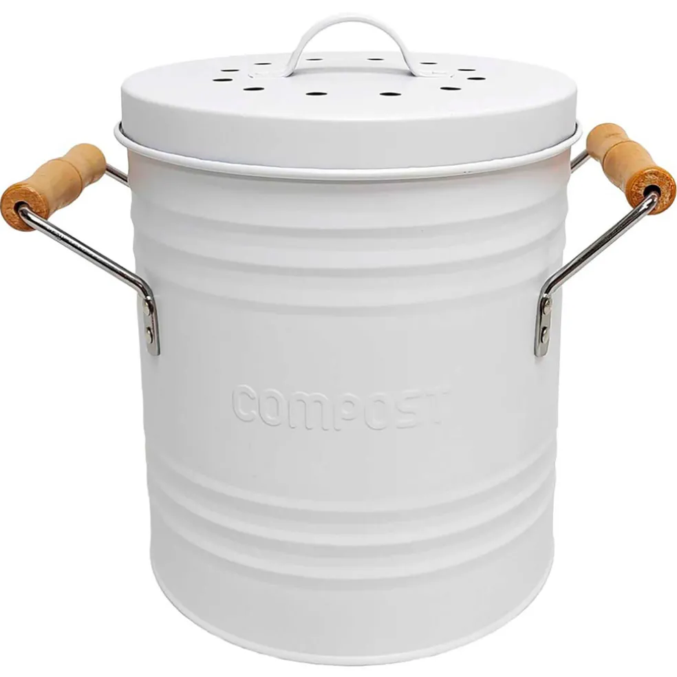 Poubelle à compost en métal blanc avec couvercle et poignées 5L