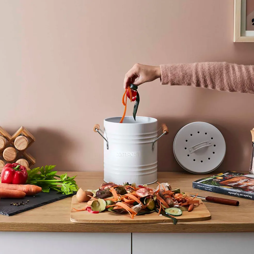 Poubelle à compost en métal blanc avec couvercle et poignées 5L