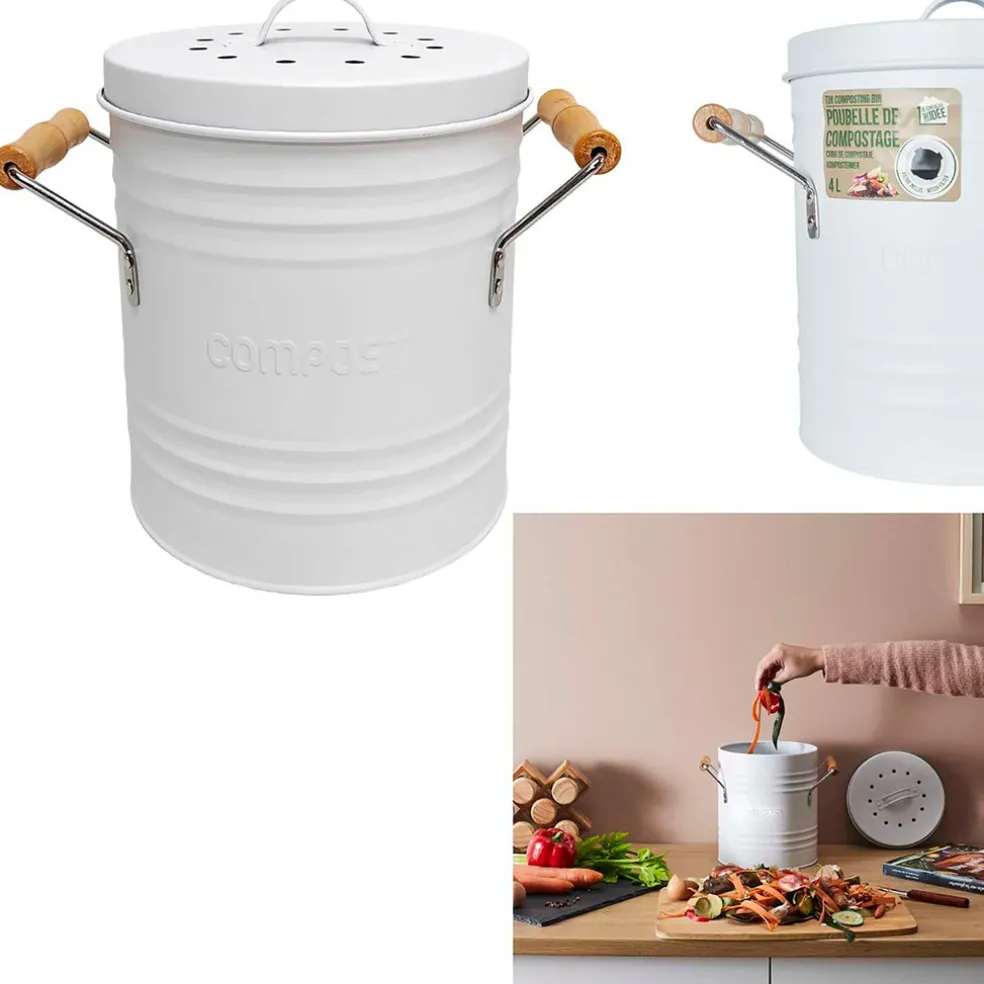 Poubelle à compost en métal blanc avec couvercle et poignées 5L