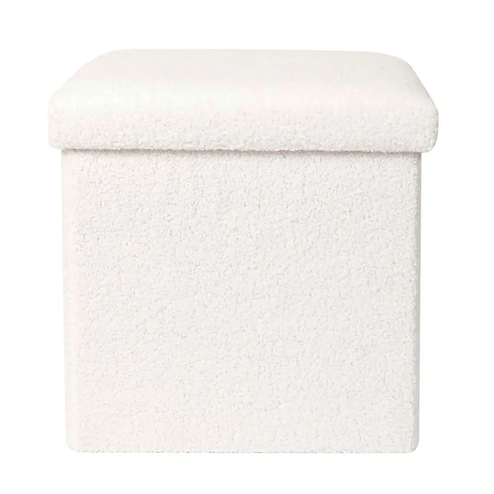 Pouf coffre pliable en tissu bouclette blanc