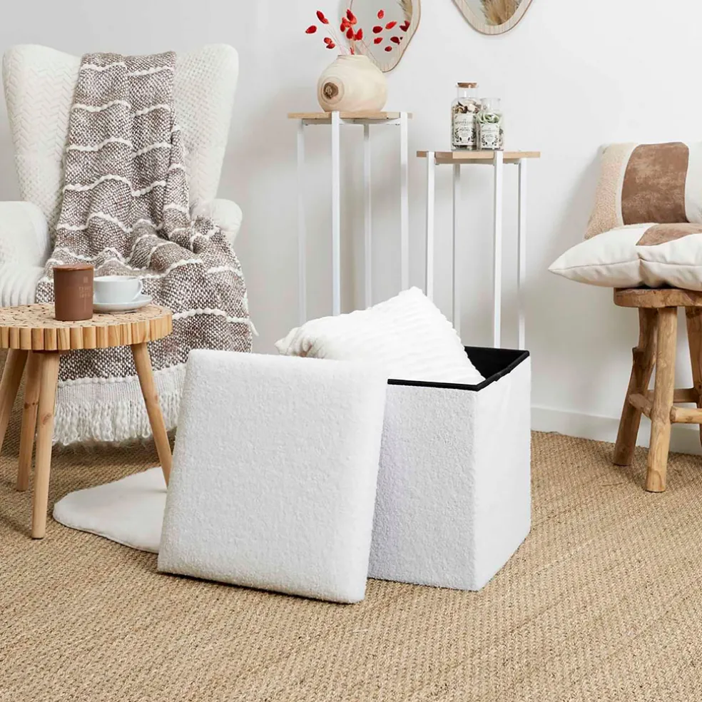 Pouf coffre pliable en tissu bouclette blanc