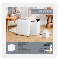 Pouf coffre pliable en tissu bouclette blanc