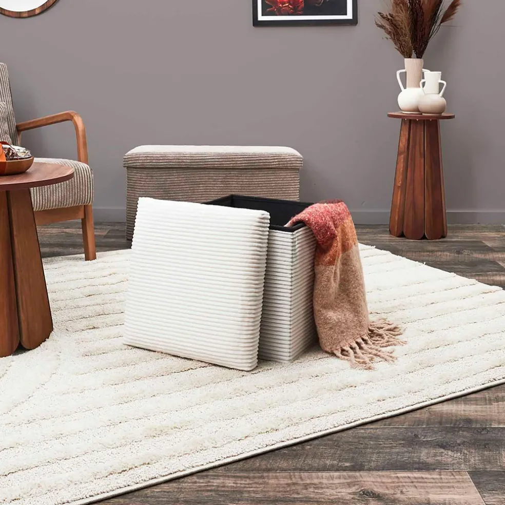 Pouf coffre pliable en tissu côtelé beige - Scarlett