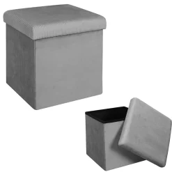 Pouf coffre pliable en velours côtelé gris - Julia