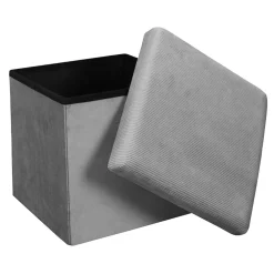 Pouf coffre pliable en velours côtelé gris - Julia