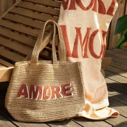 Sac brodé "amore" en corde de papier naturel et terracotta - Lumi