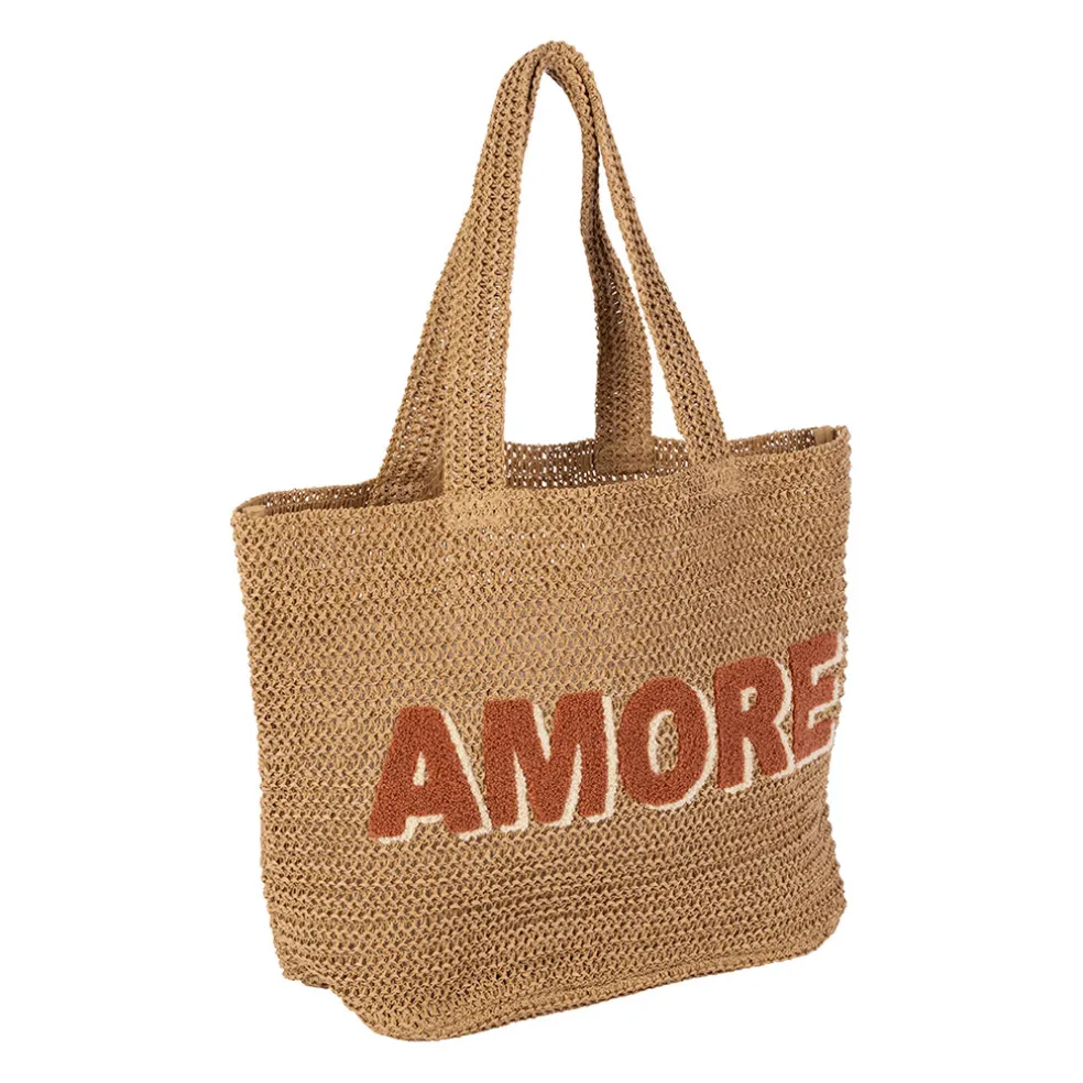 Sac brodé "amore" en corde de papier naturel et terracotta - Lumi