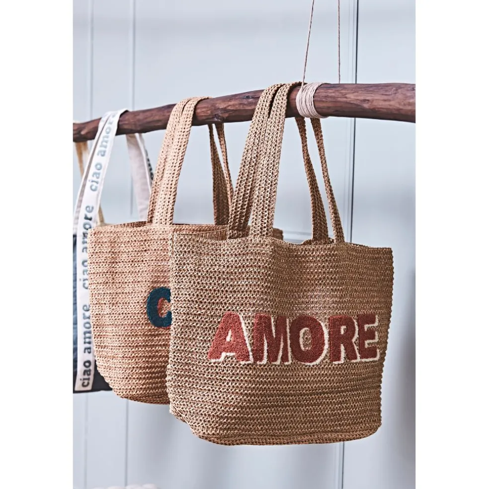 Sac brodé "amore" en corde de papier naturel et terracotta - Lumi