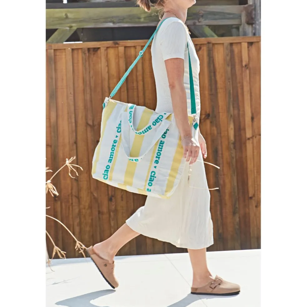 Sac isotherme en coton rayé jaune et blanc - Medi