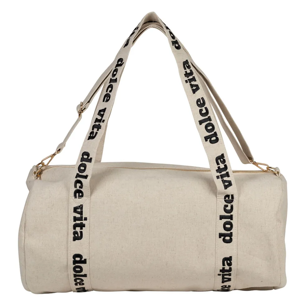 Sac week-end dolce vita en lin et coton écru et noir - Bowling