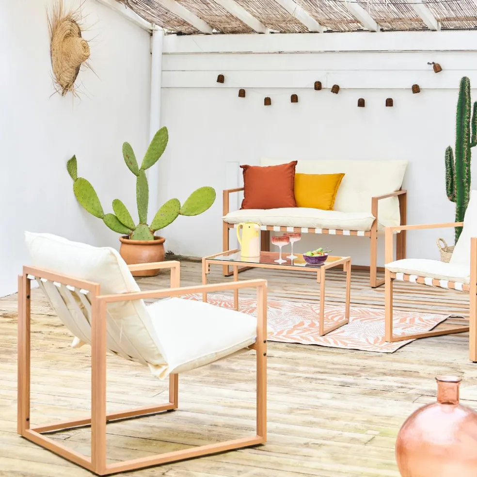 Salon de jardin 4 places en fer avec coussins blanc - Cagliari