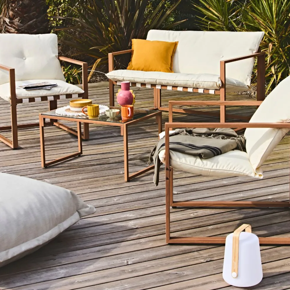 Salon de jardin 4 places en fer avec coussins blanc - Cagliari