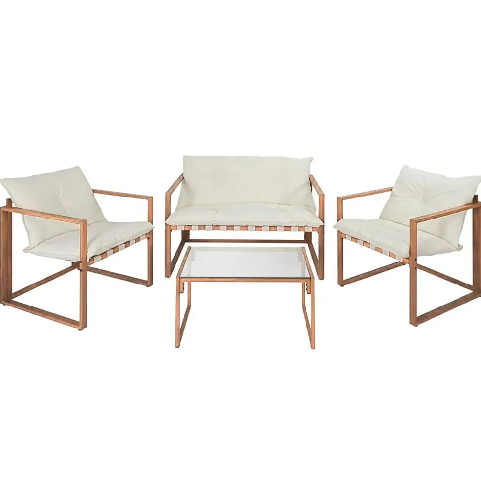 Salon de jardin 4 places en fer avec coussins blanc - Cagliari