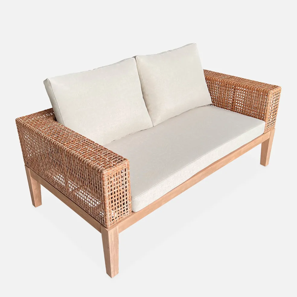 Salon de jardin 4 places en cannage et acacia brossé et coussins beige - Olinda