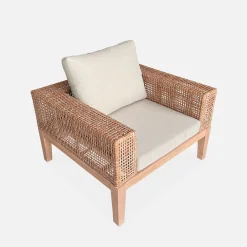 Salon de jardin 4 places en cannage et acacia brossé et coussins beige - Olinda