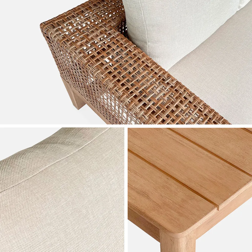 Salon de jardin 4 places en cannage et acacia brossé et coussins beige - Olinda