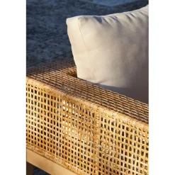 Salon de jardin 4 places en cannage et acacia brossé et coussins beige - Olinda