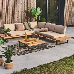 Salon de jardin d'angle en bois 5 places beige - Feros