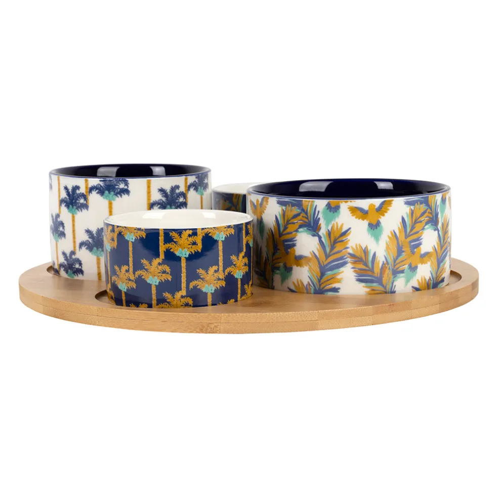 Service apéritif 4 pièces en porcelaine et bambou palmier - Mocoa