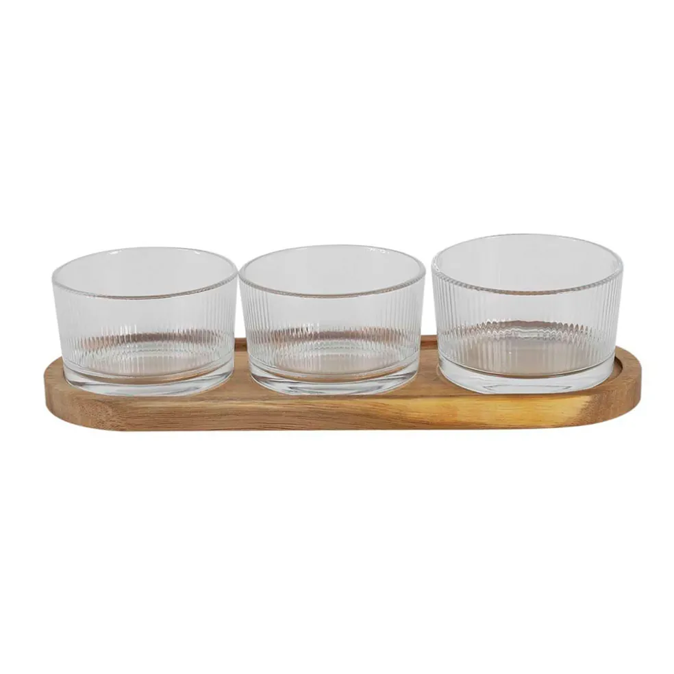 Set apéritif acacia avec 3 coupelles verre 28x10cm
