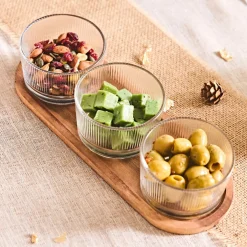 Set apéritif acacia avec 3 coupelles verre 28x10cm