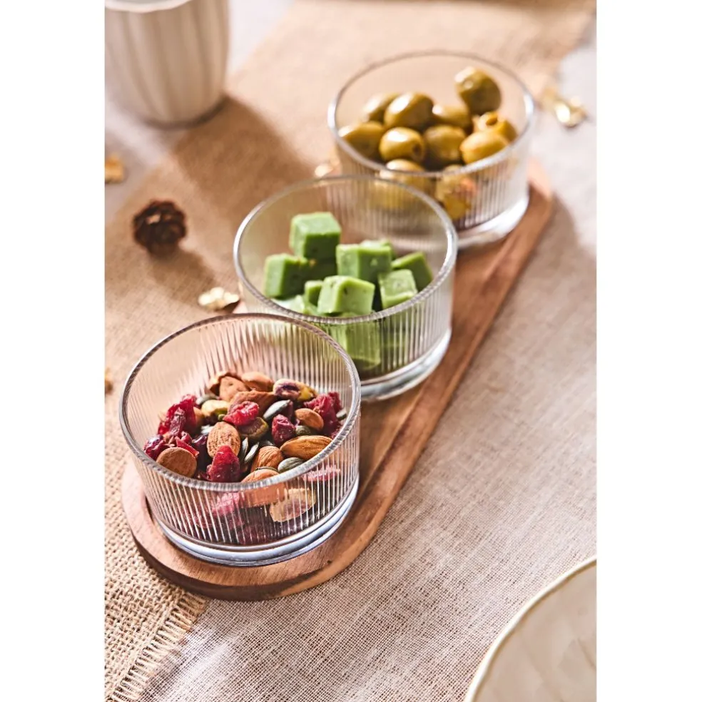 Set apéritif acacia avec 3 coupelles verre 28x10cm