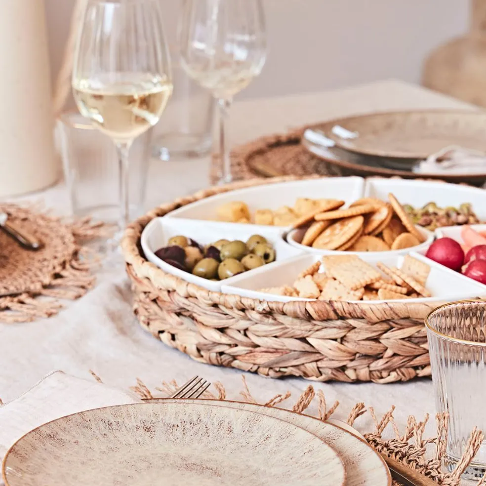 Set apéritif plateau en tresse avec coupelle en porcelaine