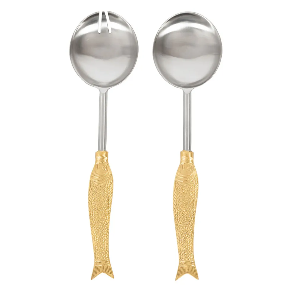 Set de 2 couverts de salade en inox et laiton doré - Poisson