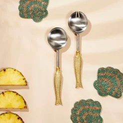 Set de 2 couverts de salade en inox et laiton doré - Poisson