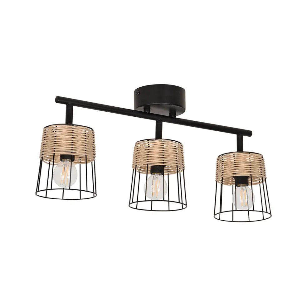 Spot 3 lumières en metal et rotin tresse h23cm noir - indah