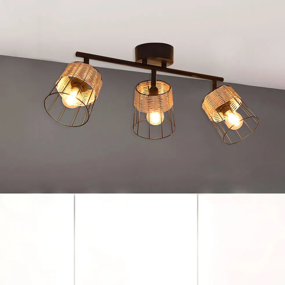 Spot 3 lumières en metal et rotin tresse h23cm noir - indah