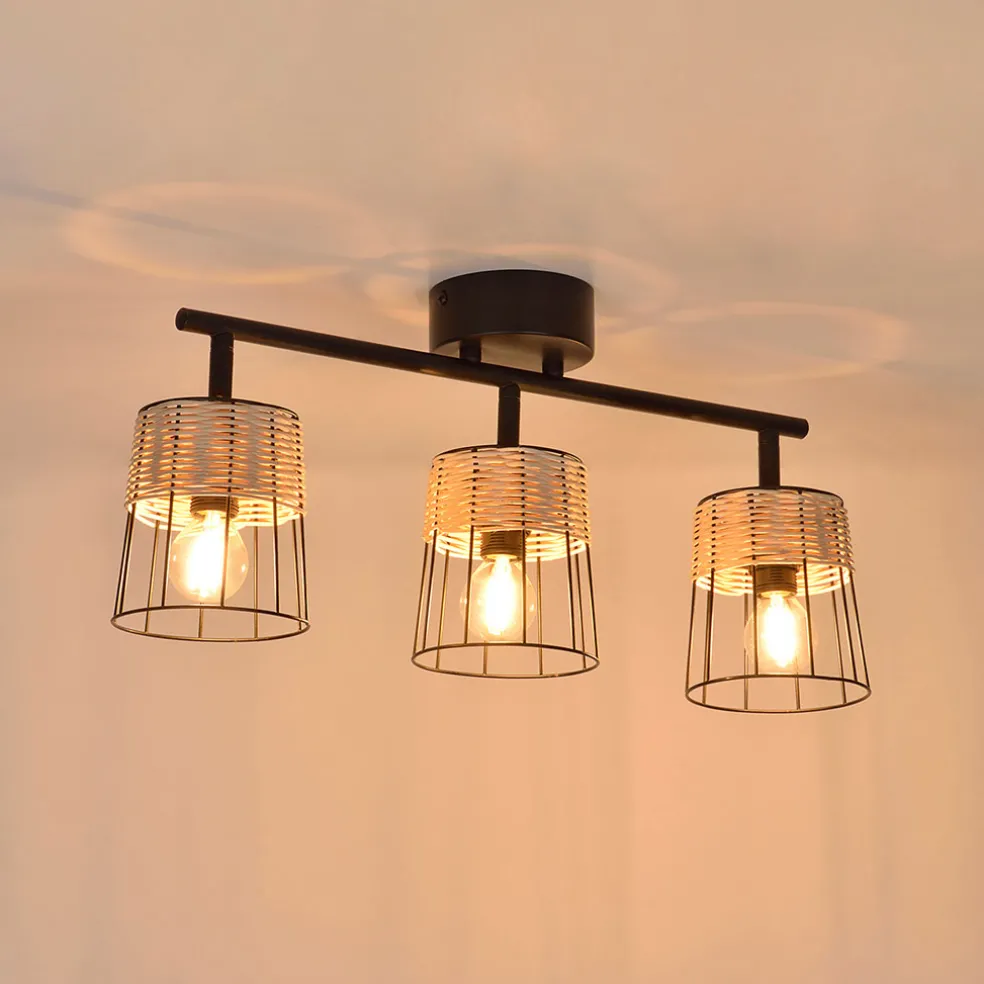 Spot 3 lumières en metal et rotin tresse h23cm noir - indah