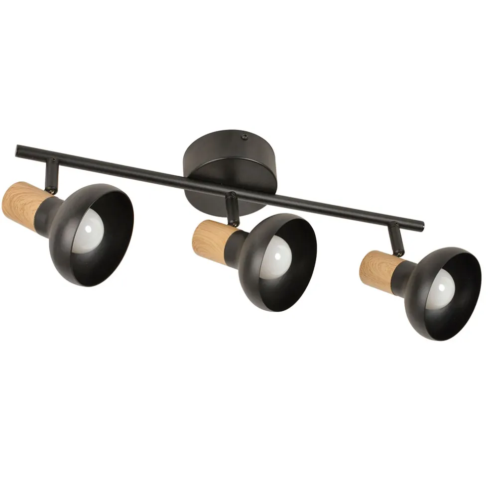 Spot 3 lumières en métal noir et effet bois L45.5cm - Alvar