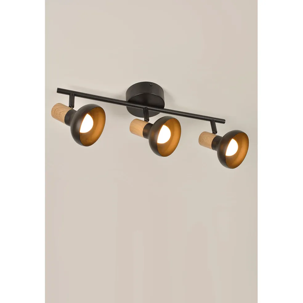 Spot 3 lumières en métal noir et effet bois L45.5cm - Alvar