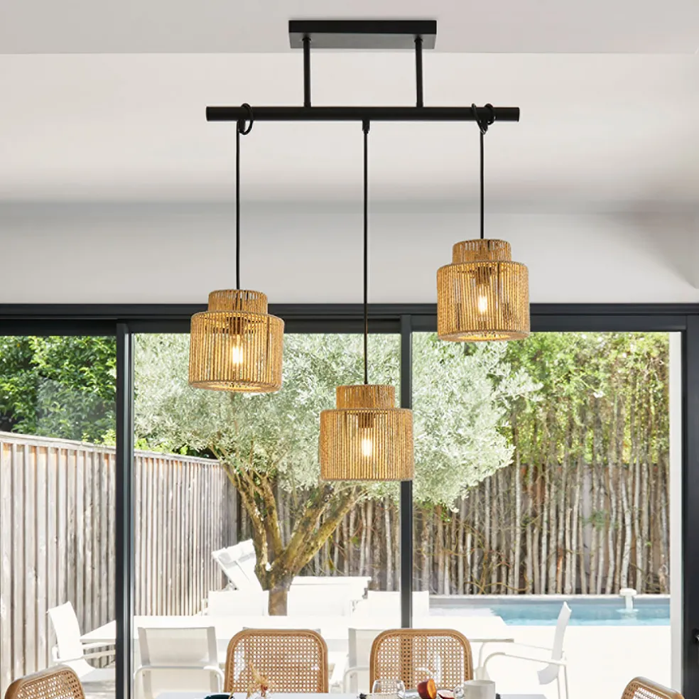 Suspension 3 lumière en métal et cordelette tressé l60cm naturel - cancun