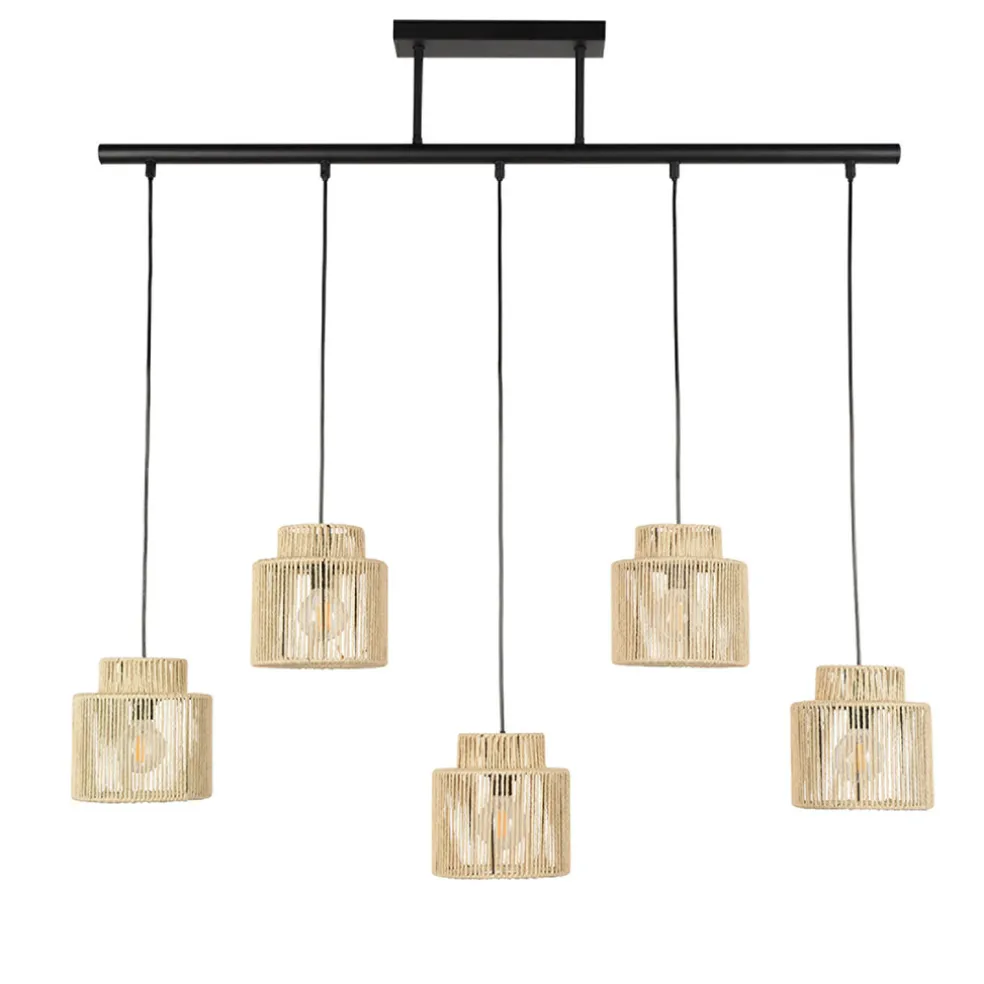 Suspension 5 lumières en métal et cordelette tressé naturel L98cm naturel - Cancun