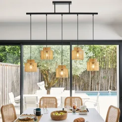 Suspension 5 lumières en métal et cordelette tressé naturel L98cm naturel - Cancun