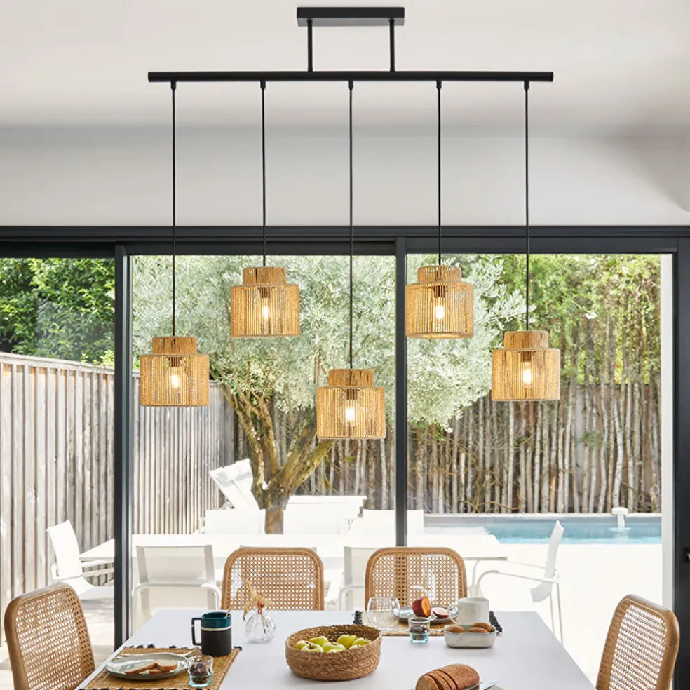 Suspension 5 lumières en métal et cordelette tressé naturel L98cm naturel - Cancun