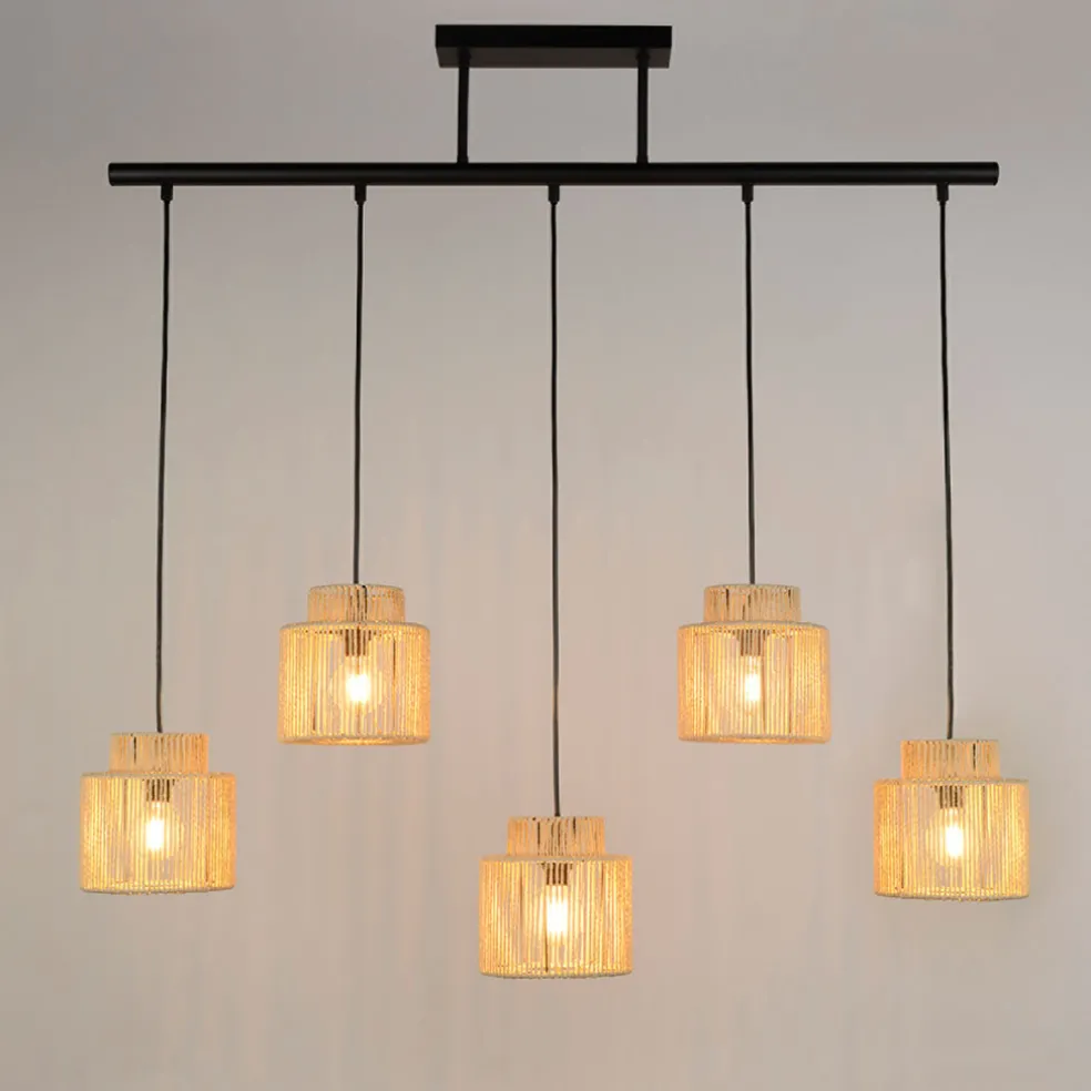 Suspension 5 lumières en métal et cordelette tressé naturel L98cm naturel - Cancun