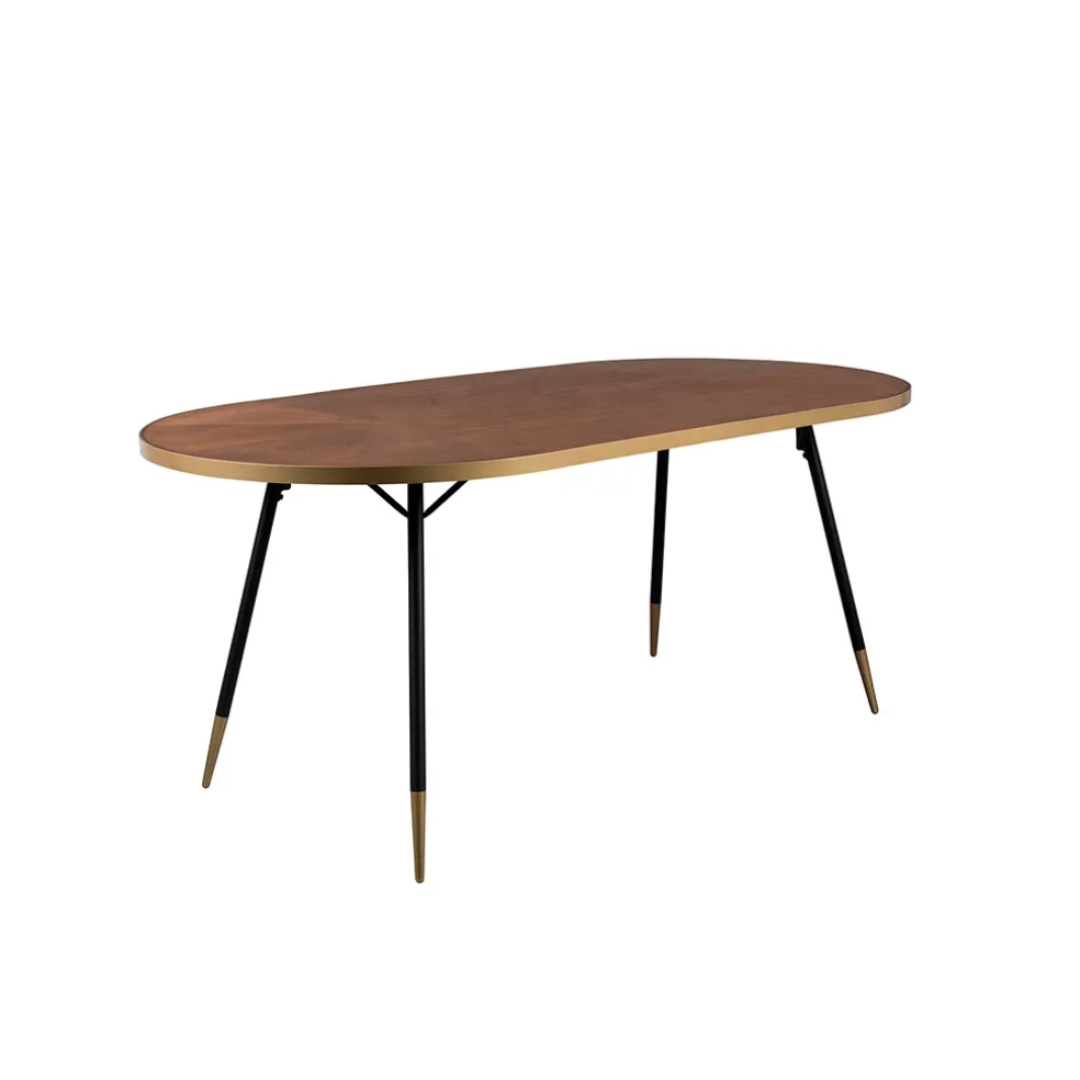 Table à manger ovale en noyer plaqué et métal doré 180x90cm - Denise