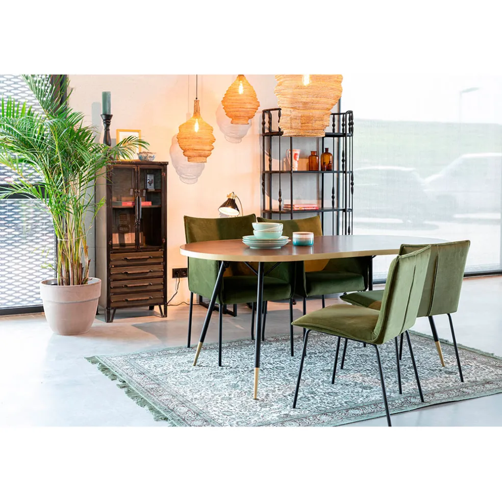 Table à manger ovale en noyer plaqué et métal doré 180x90cm - Denise